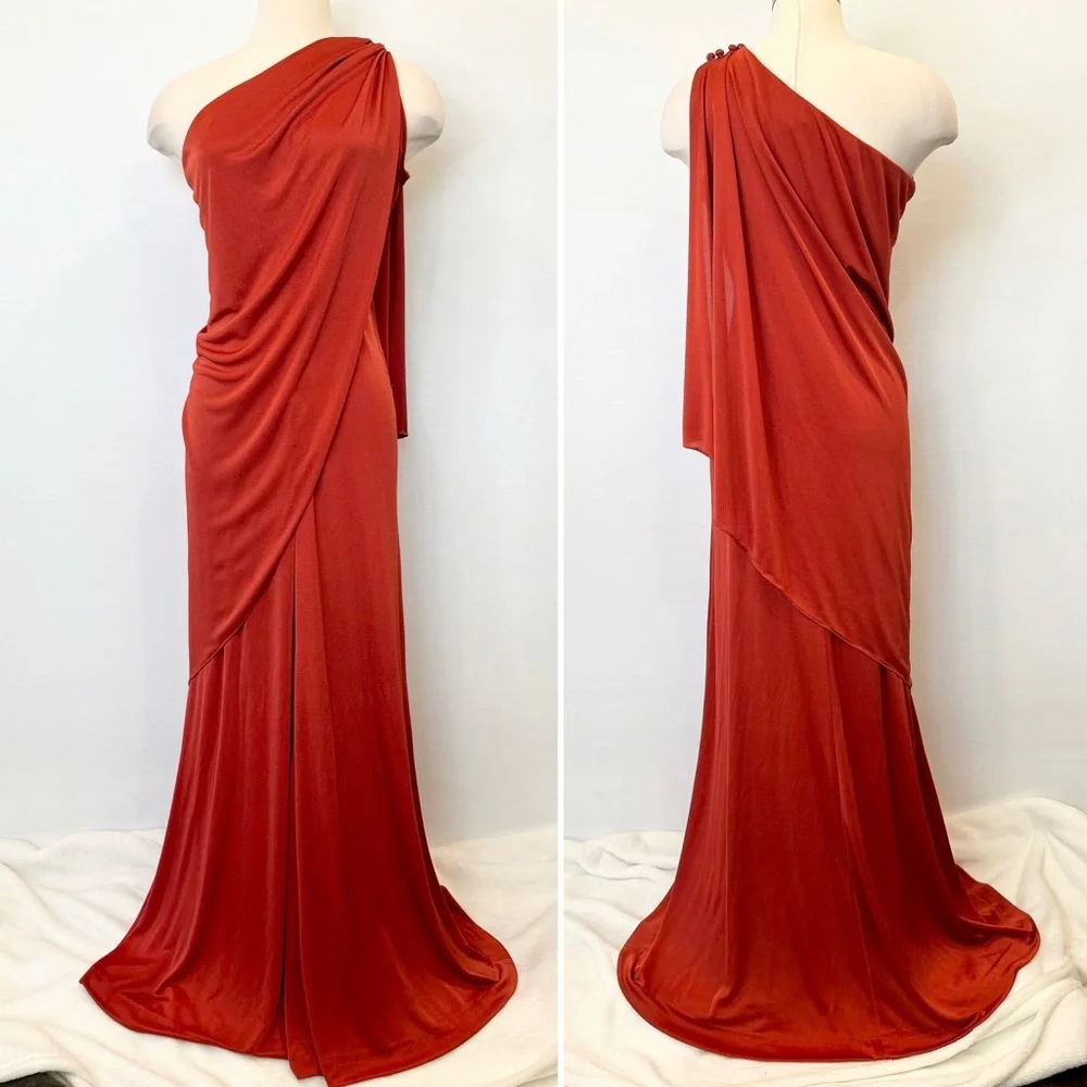 🌺SOLD🌺 Frederick’s of Hollywood Silky Satin Rust Column Maxi Gown Vintage Dress - Picture 11 of 11